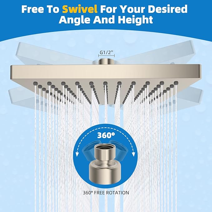 Hibbent Thickness Metal Rain Shower Head, 8 Inch High Pressure Rainfall Shower Head, Bathroom Waterfall Shower Heads, High Flow Fixed Showerheads with Adjustable Brass Ball Joint, Brushed Nickel