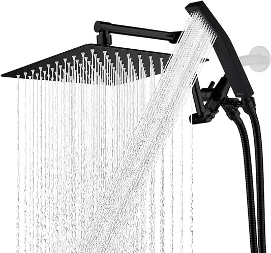 G-Promise All Metal 10 Inches Rainfall Shower Head with Handheld Spray Combo, 3 Settings Diverter, Adjustable Extension Arm with Lock Joints, 71 Inches Stainless Steel Hose (Matte Black)