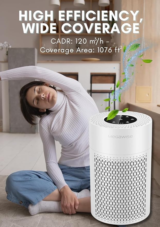 MEGAWISE 2025 Updated Version Smart Air Purifier for Home Large Room up to 1076ft², H13 True HEPA Filter with Smart Air Quality Sensor, Sleep Mode, Quiet for Smoke, Pets Hair, Odors, White