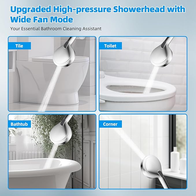 Hibbent All Metal Shower Head, 8'' High Pressure Rainfall Shower Head, Handheld Showerhead Combo with 12'' Adjustable Curved Extension Arm, 10-Spray, 71'' Hose, Adhesive Showerhead Holder, Chrome