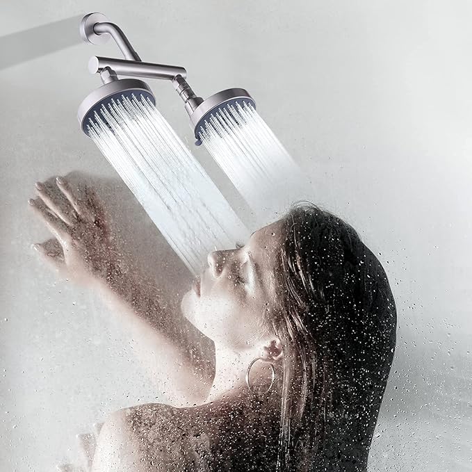AZOS Double Shower Head with Shut-Off Valve, Bathathroom High Pressure Dual Fixed Rain Shower Head Combo with Brass Dual Outlet Manifold, Adjustable 5 Function Showerhead Brushed Nickel