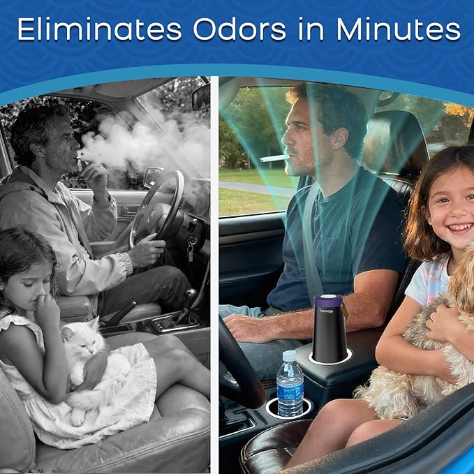 Ozone Generator for Car, 2 in 1 Odor eliminator and Air Ionizer to Remove Smoke Smell, Pet Odor, Dust Mites,PM2.5, Allergens, Portable Rechargeable Air Purifier for Home Room or Travel Purple