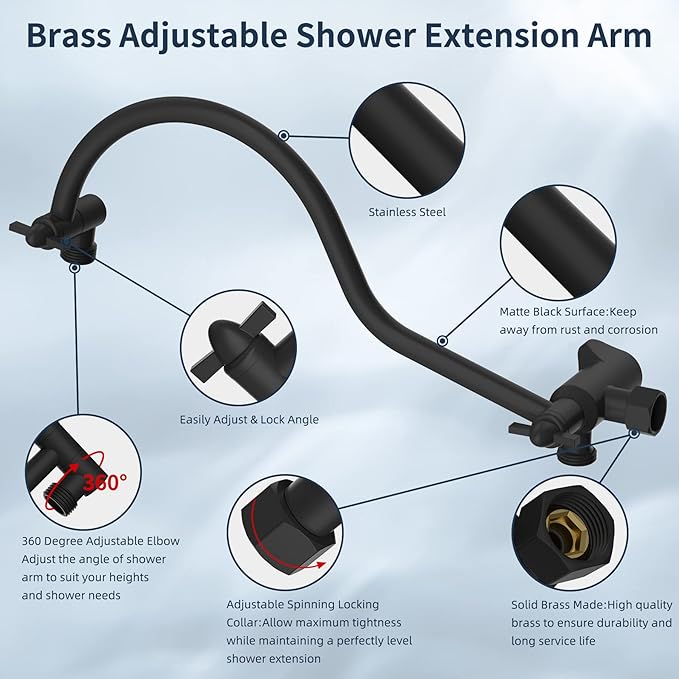 Hibbent 10 Inch High Pressure Rainfall Shower Head/Handheld Showerhead Combo with 12 Inch Adjustable Curved Shower Extension Arm,7-Spray,71-inch Hose Adhesive Showerhead Holder,Matte Black