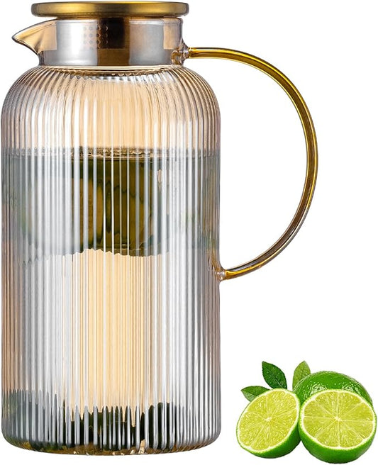 Glass Pitcher with Lid, 68 oz/ 2 Liter Amber Classic Vertical Stripes Water Pitcher,Glass Water Carafe for Cold Brew, Coffee, Lemonade, Iced Tea,Beverage, Heat Resistant Water Glass Jug