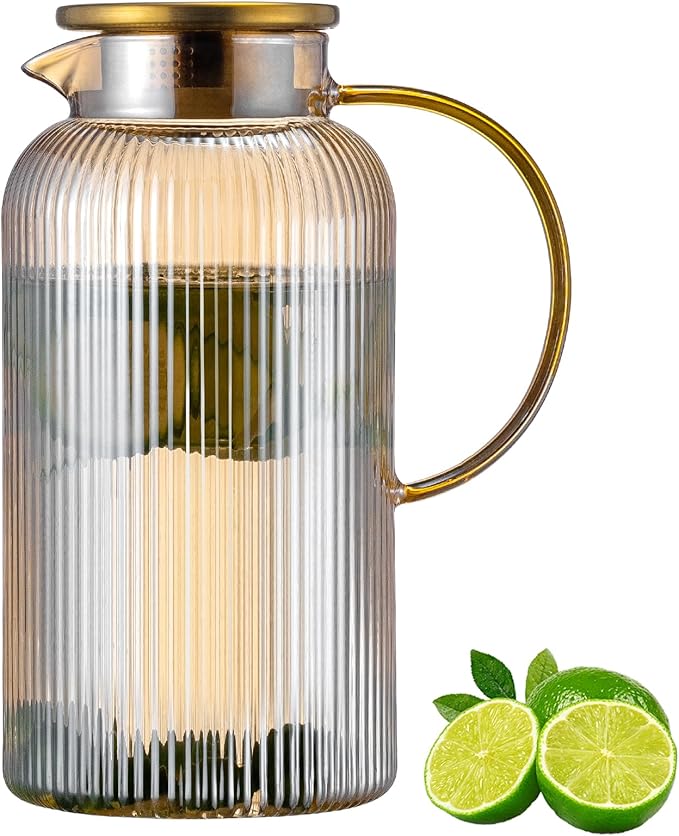 Glass Pitcher with Lid, 84oz/2.5 Liter Amber Classic Vertical Stripes Water Pitcher,Glass Water Carafe for Cold Brew, Coffee, Lemonade, Iced Sun Tea,Beverage, Milk, Heat Resistant