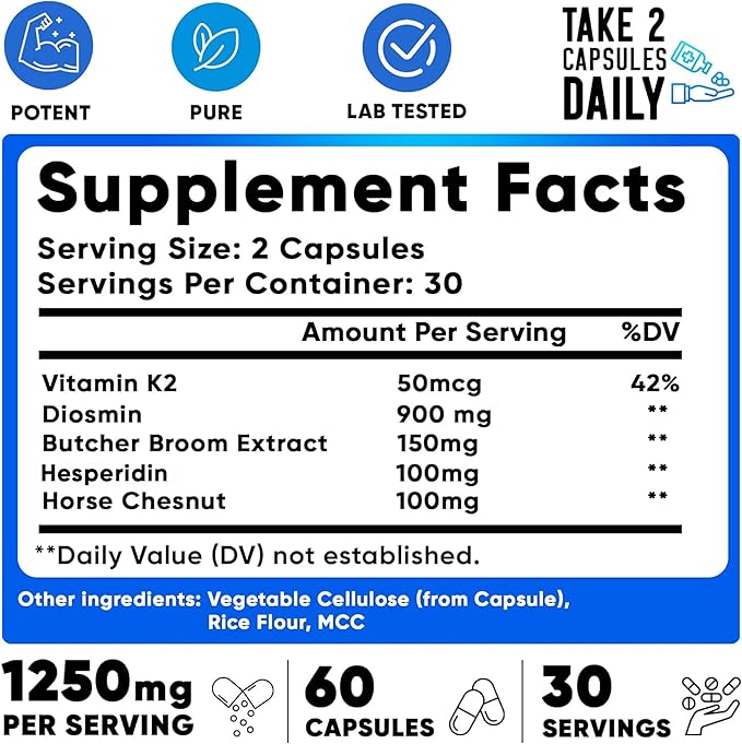 We Like Vitamins Vein Vitality 1250mg Diosmin Hesperidin Complex for Varicose Veins Treatment, Horse Chestnut, Butchers Broom, Bioflavonoids - Supports Blood Circulation for Leg Veins- 60 Capsules