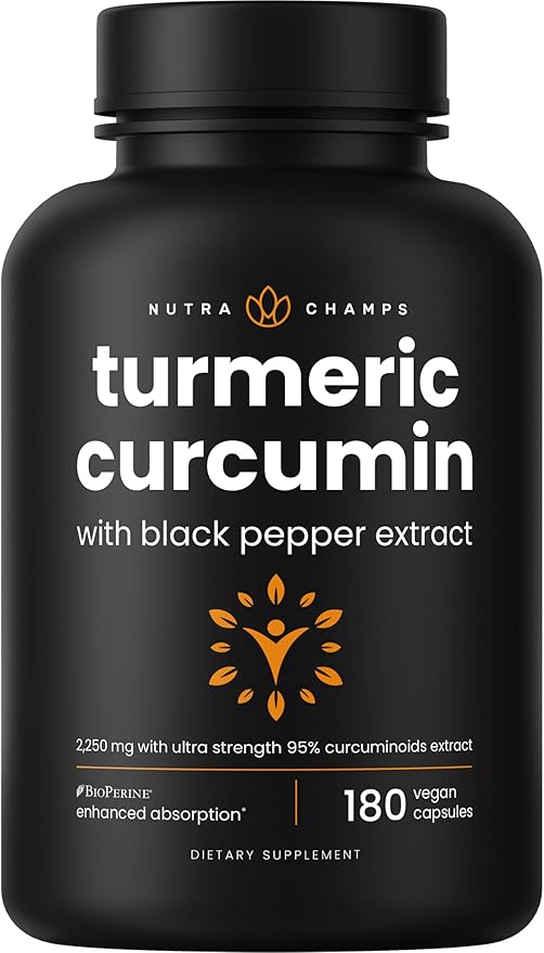 NutraChamps Turmeric Curcumin with Black Pepper Extract 1500mg, 95% Curcuminoids Extra Strength Turmeric Supplement for Joint Health, Brain, Heart & Immune Support, 180 Turmeric Capsules