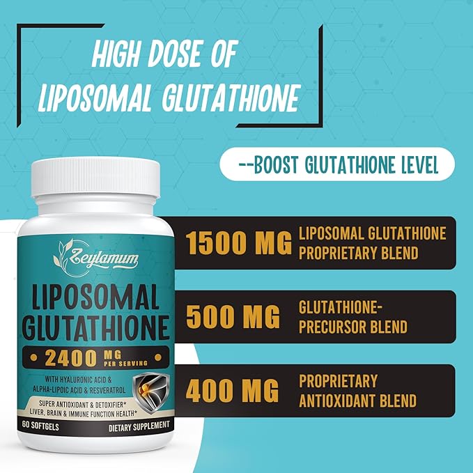 2400 MG Liposomal Glutathione Softgels, Max Absorption, Active Form L-Glutathione Reduced (GSH), with Hyaluronic Acid, Resveratrol, Master Antioxidants for Detox, Brain, Immune System, 600 Softgels