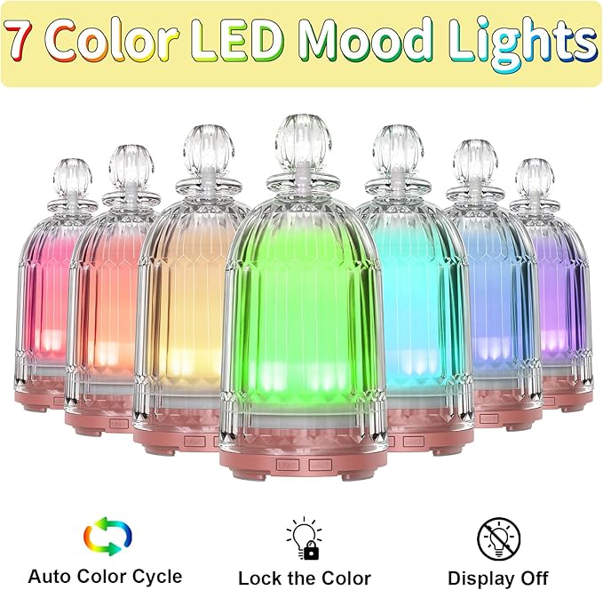 Glass Essential Oil Diffuser, Small Cool Mist Humidifier Glass Cover & Plastic Reservoir with 7 Color LED Lights, Auto Shut-Off for Home, Office, Spa 120ml(Copper Bottom)