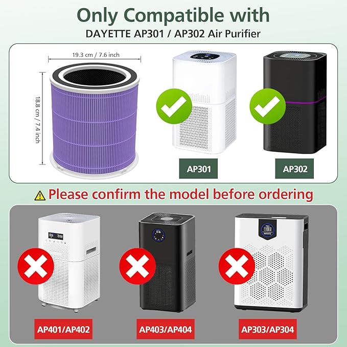 AP301 AP302 HEPA filter Replacement, ONLY for Dayette AP301 AP302 Air Purifier, HEPA and More Carbon Particles, Pets Odors filter