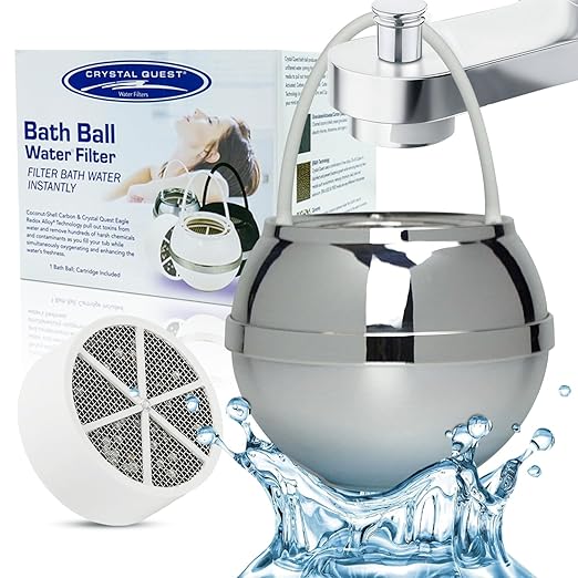 Crystal Quest Bath Ball Water Filter for Bathtub - 3-Stage Filtration, Removes Chlorine, Chloramine & Byproducts, 2,500 Gallons, BPA Free, pH Balanced Water, Fits Most Tubs, Easy Install - Chrome