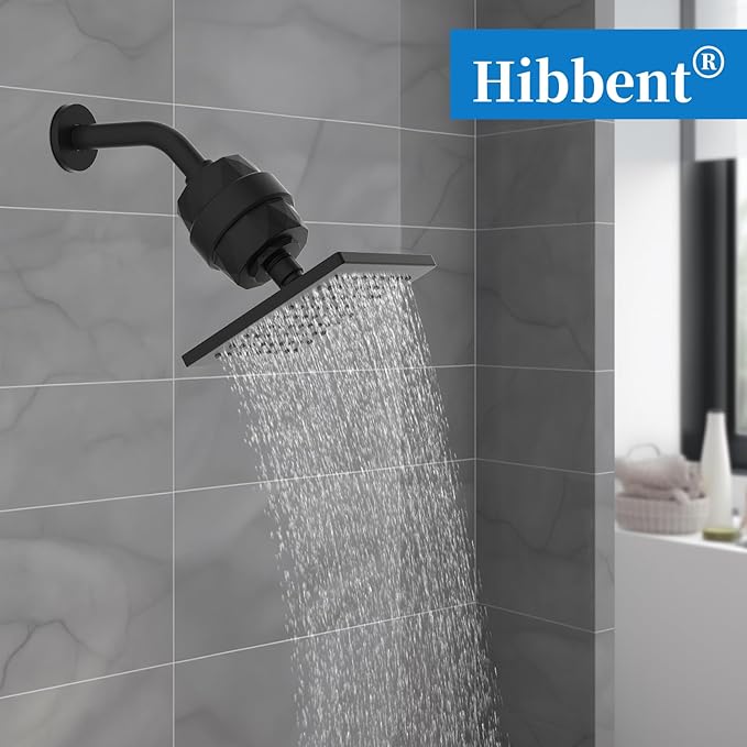 Hibbent Metal Filtered Shower Head, 6'' High Pressure RainShower Head, 20 Stage Shower Filter for Hard Water Softener, Bathroom Rainfall Shower Head to Remove Chlorine and Heavy Metals, Matte Black