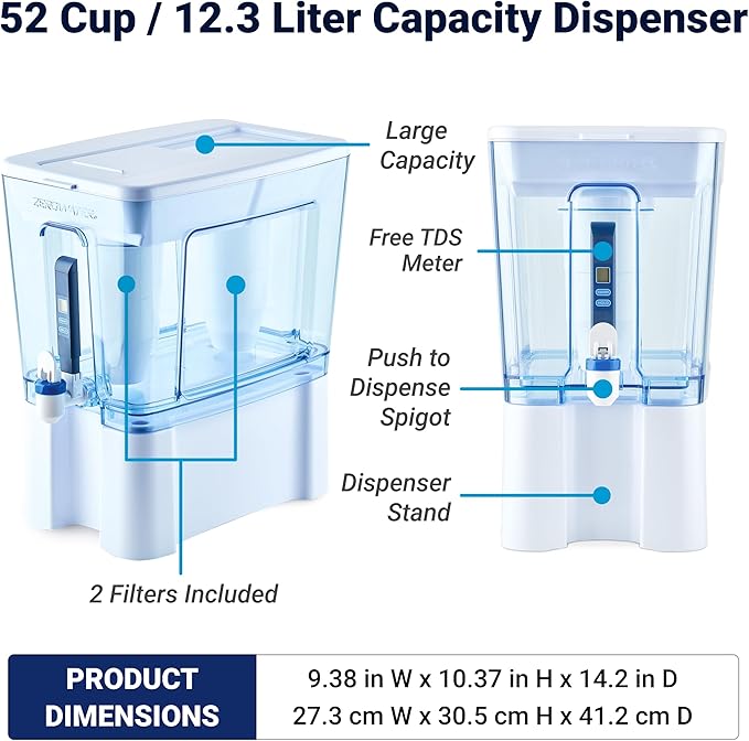 ZeroWater 52-Cup Ready-Read 5-Stage Water Filter Pitcher Dispenser with 5-Stage 0 TDS Zero Water Filter – IAPMO Certified to Reduce Metals, Chlorine, Lead, Chromium, and Forever Chemicals PFOA/PFOS