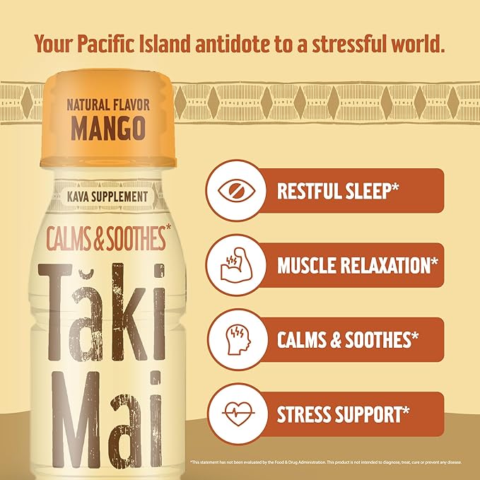 Taki Mai Mango Kava Kava 2.5 oz (24-pack) Shots – Noble Kava Root Drink, Ready to Drink for Stress Support & Relaxation, Fast Acting Herbal Support for Calming Better Sleep and Balanced Mood