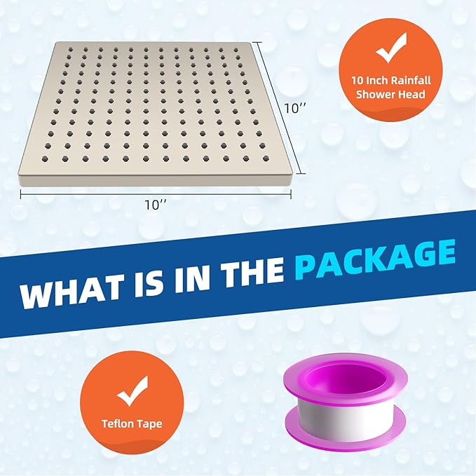 Hibbent Thickness Metal Rain Shower Head, 10'' High Pressure Rainfall Shower Head, Square Bathroom Waterfall Shower Heads, High Flow Fixed Showerheads with Adjustable Brass Ball Joint, Brushed Nickel