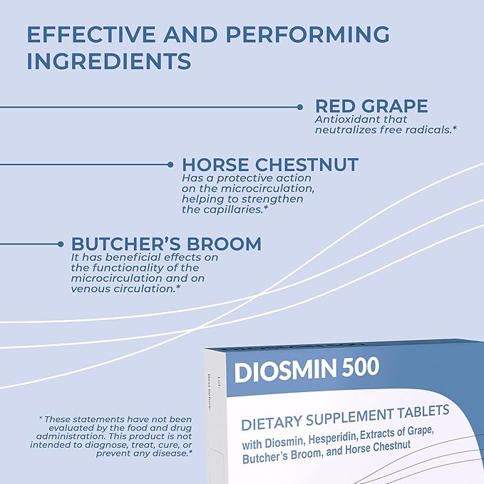 Dulàc - Diosmin 500 with Horse Chestnut, Butcher’s Broom, Red Grape & Hesperidin - Dietary Supplement - 40 Tablets - Made in Italy