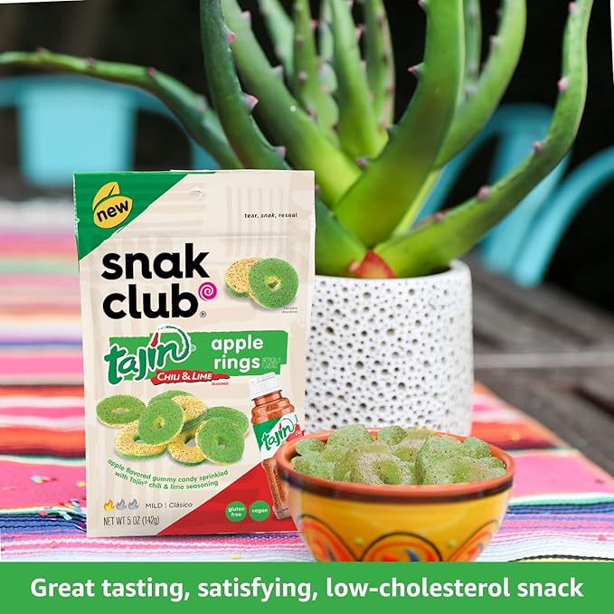 Snak Club Tajin Watermelon Rings, Chili & Lime Sweet Spicy Gummy Snacks, Mild in Heat Bold in Flavor, Gluten-Free Snack, 11oz Resealable Bag (Pack of 6)