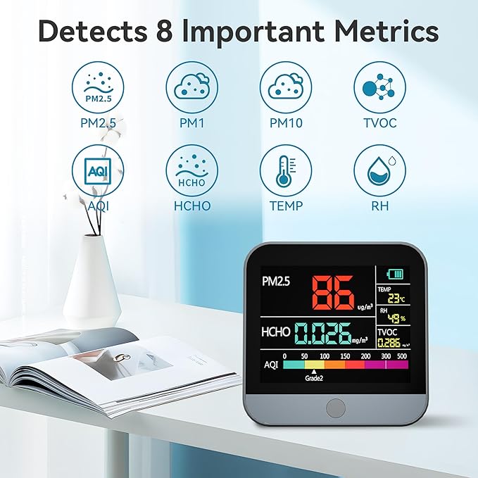 13 in 1 Air Quality Tester for Home, Indoor Air Quality Monitor, with PM1/PM2.5/PM10/Particle Counter/AQI/Humidity/TVOC/Temperature/Formaldehyde, Portable Air Quality Sensor