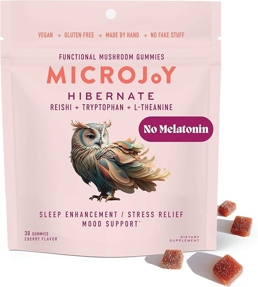 Microjoy Hibernate Gummies – Natural Sleep Aid with Reishi Mushroom – Stress Relief and Mood Support – Vegan, Non-GMO, Cherry Flavor (30 Gummies)