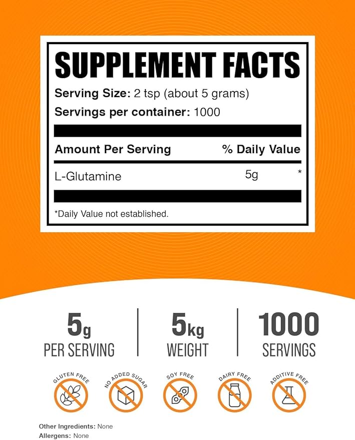 BulkSupplements.com L-Glutamine Powder - Glutamine Supplement, for Recovery & Gut Health - Unflavored & Gluten Free, 5g (5000mg) per Serving, 1kg (Pack of 5) (11 lbs)