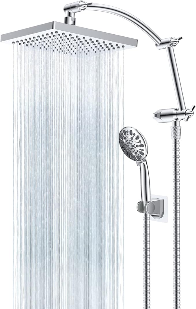 Hibbent Thickness 8'' Rain Shower Head, High Pressure Handheld Spray, Showerhead Combo with 16'' Adjustable Arc Shower Extension Arm, 7 Settings, 71'' Hose, Adhesive Showerhead Holder, Chrome