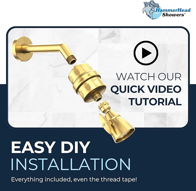 HammerHead Showers® Solid Metal Shower Head Filter – KDF 55 Shower Filter, High Pressure Universal Shower Filters to Remove Toxic Chemicals – Removes Chlorine and Heavy Metals – Brushed Gold