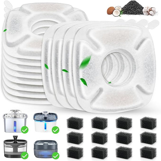24 Pack Cat Water Fountain Replacement Filters, 12 Pcs Cats Fountain Filters & 12 Pcs Pre-Filter Sponges for 95oz/2.8L 135oz/4L 67oz/2L Automatic Pet Dog Fountain Water Dispenser