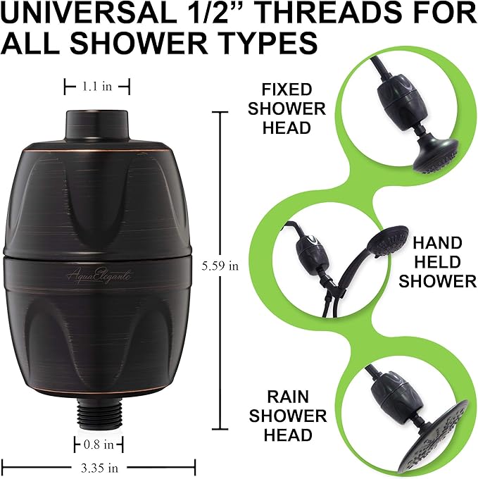 Aqua Elegante Shower Water Filter For Shower Head - Universal Home Showerhead Filters To Remove Chlorine + Hard Minerals - Purifier And Filtered Softener System Best With Charcoal - Oil-Rubbed Bronze