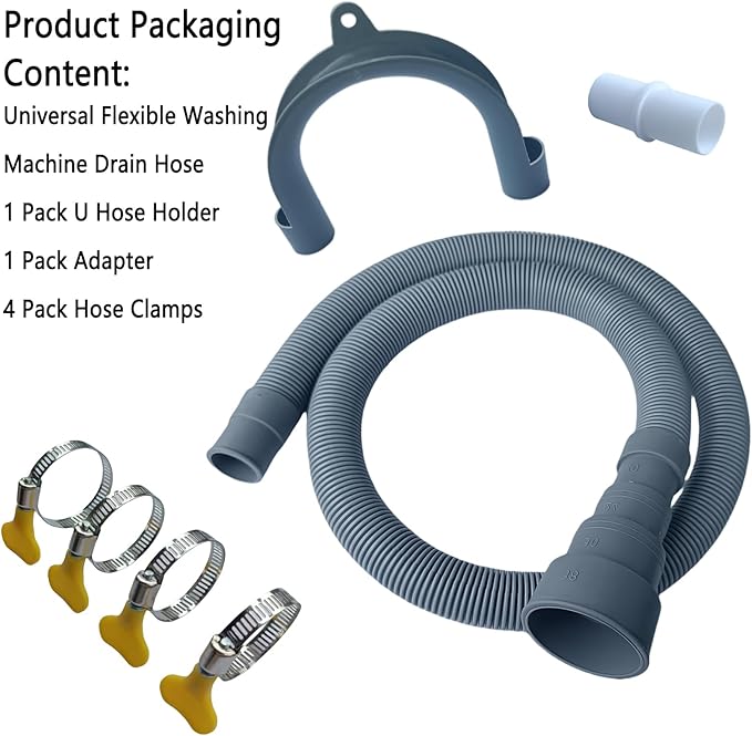 Washing Machine Drain Hose, Universal Flexible Drain Hose Extension Kit for LG/GE/Samsung Washer, Dishwasher, With 1 Extension Adapter,4 Clamps,1 U-Bend Holder (4.9feet)