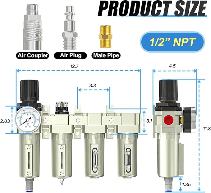 1/2" NPT 4 Stage Heavy Duty Industrial Grade, Auto Drain Air Drying System, Coalescing Filter, Particulate Filter, Double Desiccant Dryer and Air Regulator For Plasma Cutter and Paint Spray