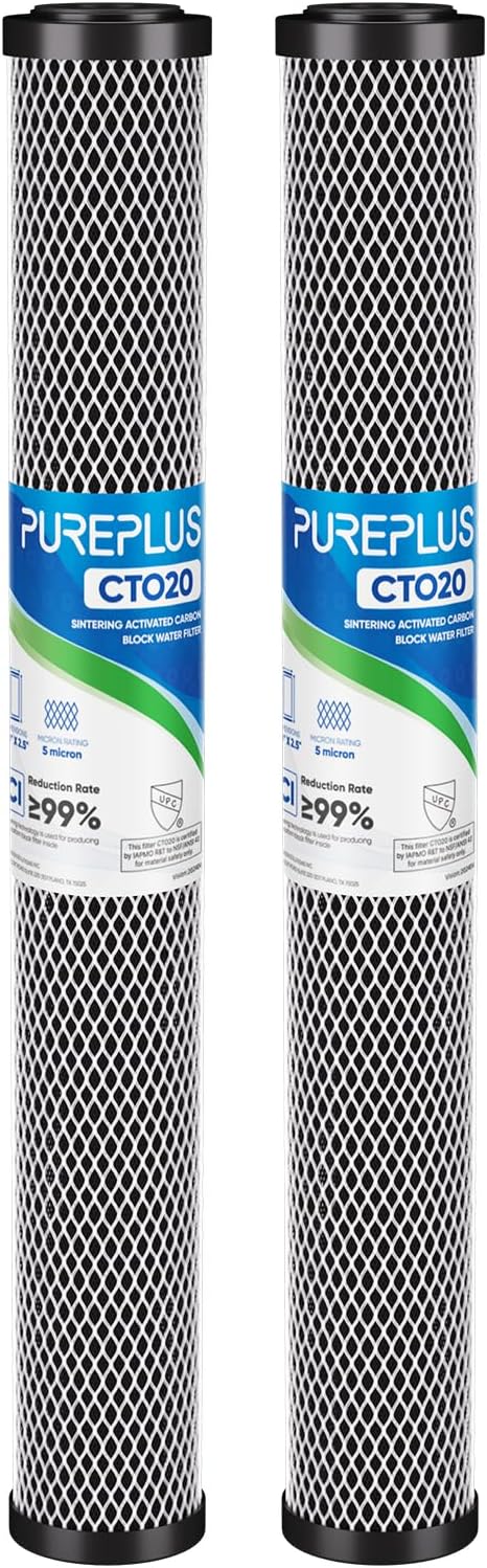 PUREPLUS 5 Micron 20" x 2.5" Whole House CTO Carbon Sediment Water Filter Cartridge Compatible with C1-20, EP-20, HX-CB-25-2010, F3WCB32, Pack of 2