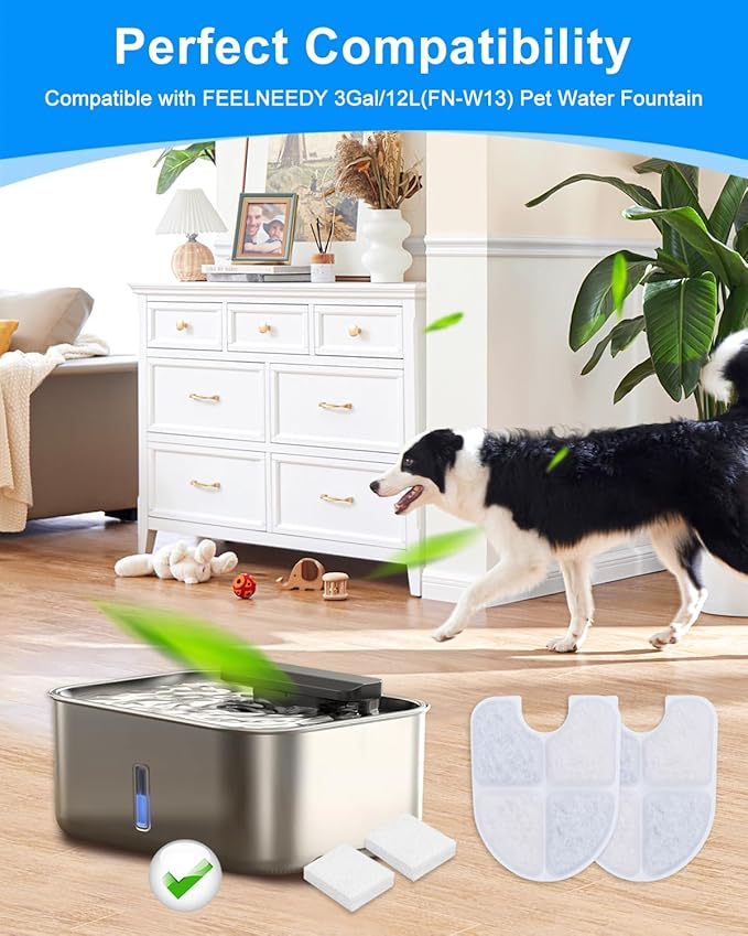 Dog Water Filter Replacement Compatible with FEELNEEDY 3 Gal/12L Stainless Steel Dog Fountain Water Bowl, 6PCS Pet Cat Filters & 6PCS Sponge Pump Filters for 3 Gallon Water Dispenser
