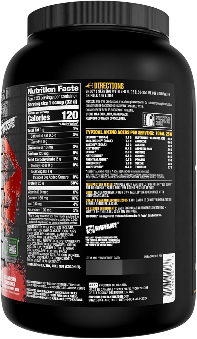 Mutant ISO Surge Whey Protein Isolate Powder Acts Fast to Help Recover, Build Muscle, Bulk and Strength, 1.6 lb - Strawberry Milkshake