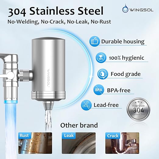 WINGSOL Stainless Steel Water Filter for Sink Faucet, Temp. Sensor LED Light, NSF/ANSI 42&53, 360° Rotating Tap Purifier Reduce PFAS, Lead, Chlorine & Microplastics, 350 Gallons Long-Lasting