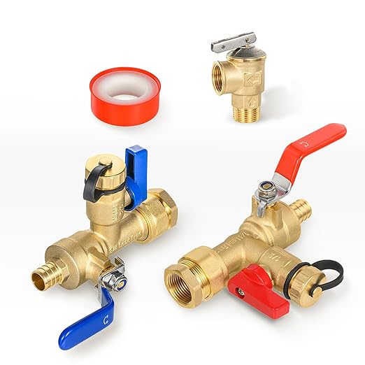 (Set of 1 Kit) HeSun 3/4" FIP X 3/4" PEX-B Crimp IPS Isolator Tankless Water Heater Service Valve Kit, with Pressure Relief Valve