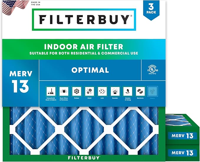 Filterbuy 25x25x2 Air Filter MERV 13 (MPR 1900) Health Defense Replacement (3-Pack), Electrostatic Pleated HVAC AC Furnace Filters, Made in USA (Actual Size: 24.50 x 24.50 x 1.75)