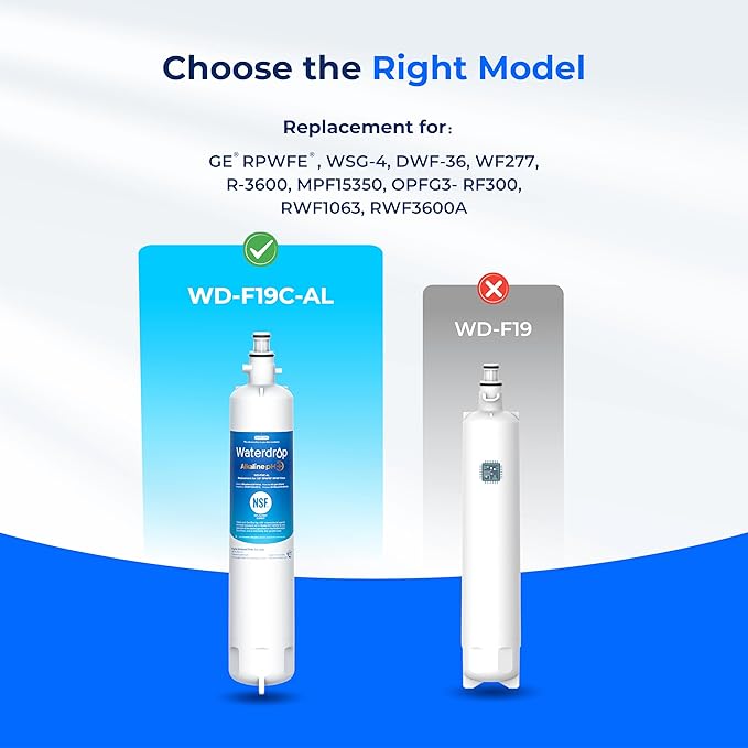 Waterdrop WD-F19C-AL Alkaline Refrigerator Water Filter, Enhances pH, Replacement for GE® RPWFE®, RPWF (Built-in CHIP) Refrigerator Water Filter, Compatible with GFE28GYNFS, GFE28GELDS