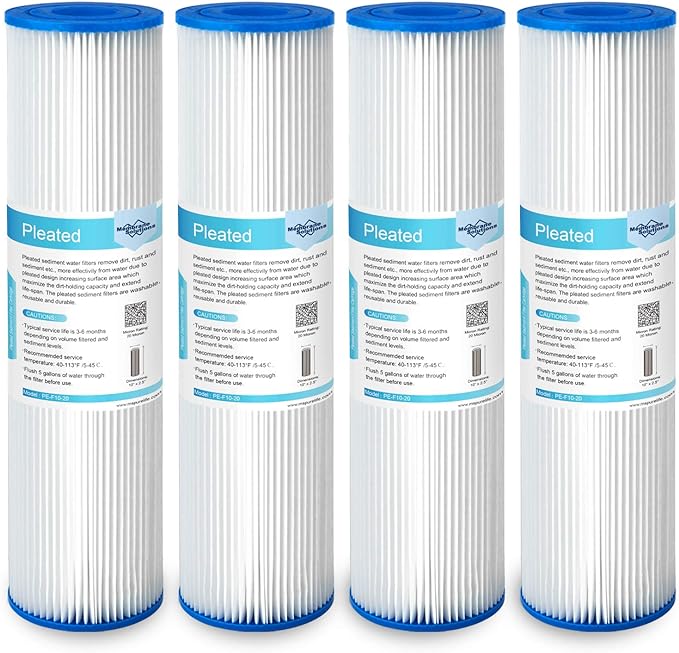 Membrane Solutions 20 Micron Pleated Polyester Sediment Water Filter 10"x2.5" Replacement Cartridge Universal Whole House Pre-Filter Compatible with W50PE, WFPFC3002, SPC-25-1050, FM-50-975 - 4 Pack