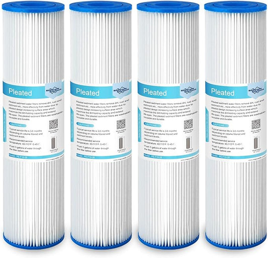 Membrane Solutions 20 Micron Pleated Polyester Sediment Water Filter 10"x2.5" Replacement Cartridge Universal Whole House Pre-Filter Compatible with W50PE, WFPFC3002, SPC-25-1050, FM-50-975 - 4 Pack