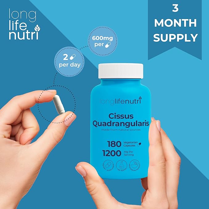 Cissus Quadrangularis 1200mg - 180 Vegetarian Capsules, Stem Extract for Joint Comfort, Bone Strength & Active Mobility, High Potency Formula, 3-Month Supply, GMP Certified, Made in USA