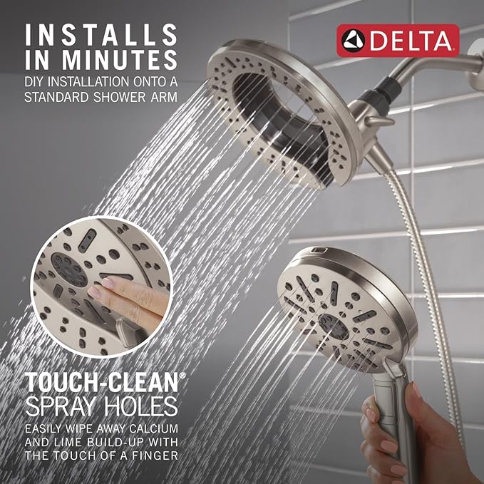 Delta 6-Setting In2ition 2-in-1 Dual Shower Head with Handheld High Pressure ProClean Spray, Brushed Nickel Detachable Shower Head with Hose, 1.75 GPM Flow Rate, Satin Nickel 75655SN