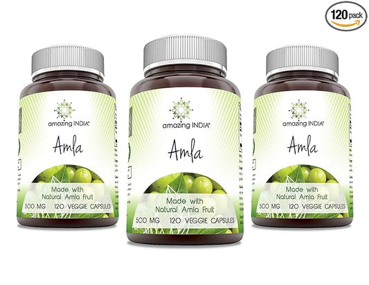 Amazing India Natural Amla 500 mg Per Serving Veggie Capsules Supplement | Non-GMO | Gluten Free | Ideal for Vegetarians | 120 Count | 3 Pack