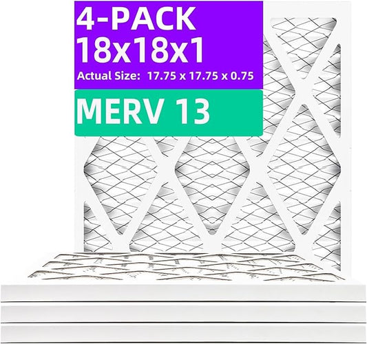 18x18x1 (4-Pack) MERV 13 Pleated Air Filter (Actual Size: 17.75"x17.75"x0.75") MPR 1900 & FPR 10, Furnace Air Filters,18x18x1 air filter