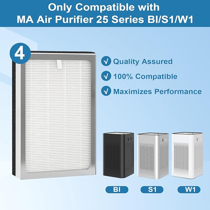 MA25 Replacement Filter Compatible with MA Series Air Purifier 25 S1/W1/B1,3-In-1 Filtration System of MA25,H13 True HEPA Filter with Activated Carbon Filter,4 Pack