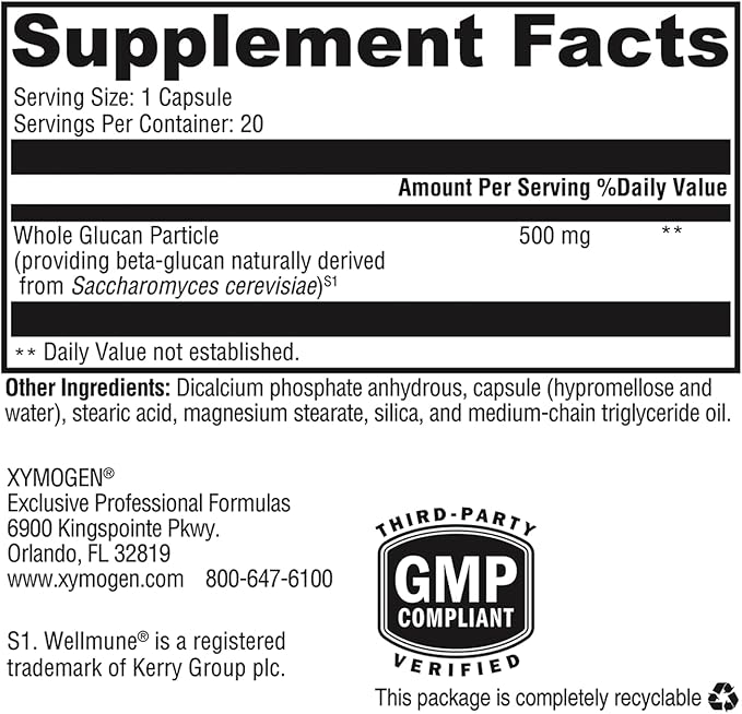 XYMOGEN ImmunotiX 500 - Supports Healthy Immune Function - Patented 1,3/1,6 Whole Glucan Particle Clinically Tested Worldwide - Beta-Glucan Derived from Saccharomyces cerevisiae (20 Capsules)