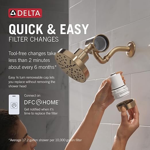 Delta Faucet 5-Setting H2Okinetic Shower Head Gold with Clarifi Premium Shower Filter Attachment with Filter