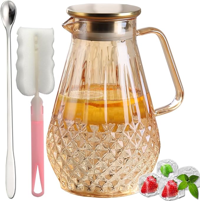 Glass Pitcher With Lid, Amber Color, Diamond Pattern, Borosilicate Glass, Stainless Steel Lid, Glass Kettle for Tea, Milk, Hot and Iced Beverages, 2000ml, 68oz, WONCRYS