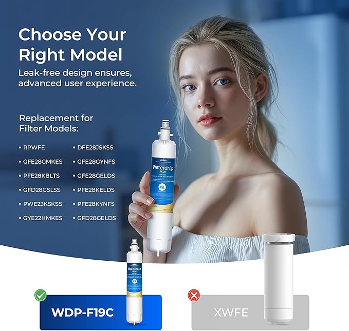 Waterdrop Plus WDP-F19C Replacement for GE® RPWFE®, RPWF (with CHIP) NSF 401 Refrigerator Water Filter, Compatible with GFE28GBLTS, GFE28GSKSS, PFE28KMKES, GFD28GYNFS, GFD28GBLTS, PWE23KYNFS