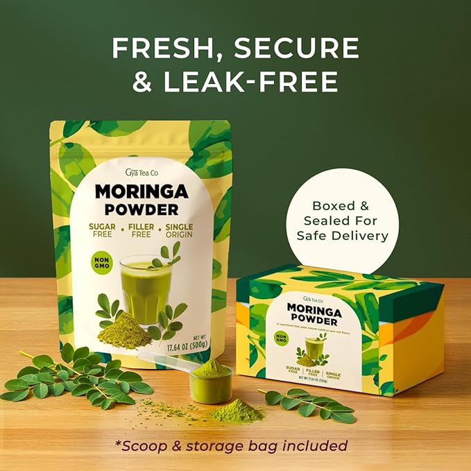Gya Tea Co Moringa Powder 1.1lb (17.64 Oz) – 100% Pure & Tasty Moringa Oleifera Leaf Powder – Superfood for Smoothies, Drinks, Tea, Recipes – Great For Overall Wellness – Non GMO, Gluten Free, Vegan