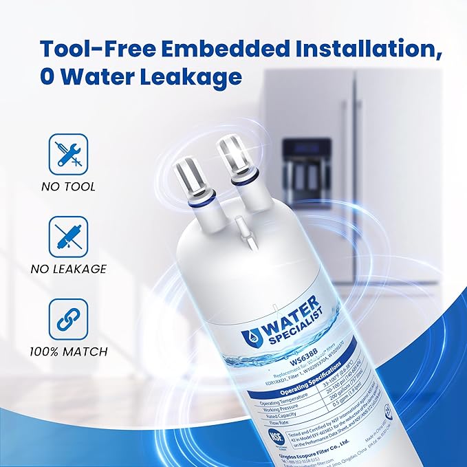 Waterspecialist EDR1RXD1 Water Filter, Replacement for Everydrop® Filter 1, W10295370A, EDR1RXD1B, P8RFWB2L, P4RFWB, Kenmore® 46-9081, 46-9930, WS638 Refrigerator Water Filter, 1 Filter